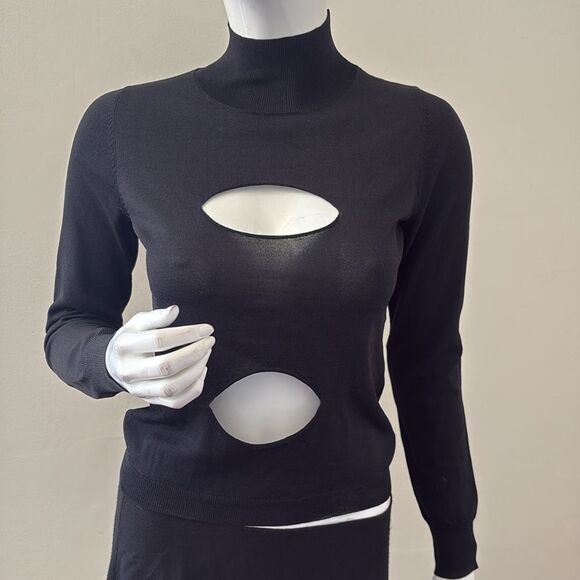 Miaou Sweaters - Miaou Eros Black Cutout Long Sleeve Thin Knit Mock Neck Sweater Top